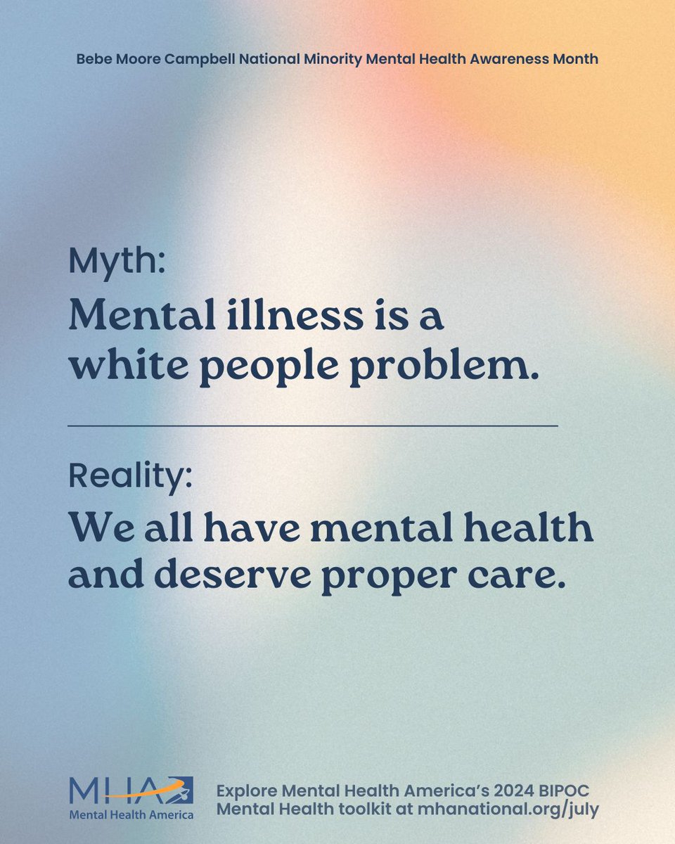 mhawvr's tweet photo. Myth: Mental illness is a white people problem.
Reality: We ALL have mental health and deserve proper care.
Learn more about BIPOC mental health at https://t.co/Ux2jaR9arN. https://t.co/ncMm418T7B