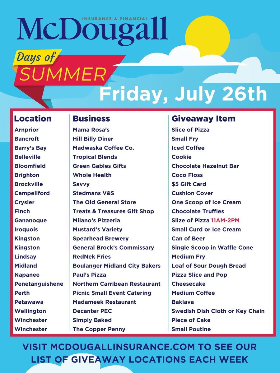 mcdougallins's tweet photo. Summer is flying by... This is the final Friday in July!
Go get these free items this Friday, July 26th. Don't forget your proof of insurance!
#DaysOfSummer https://t.co/MEoZFGpvFC