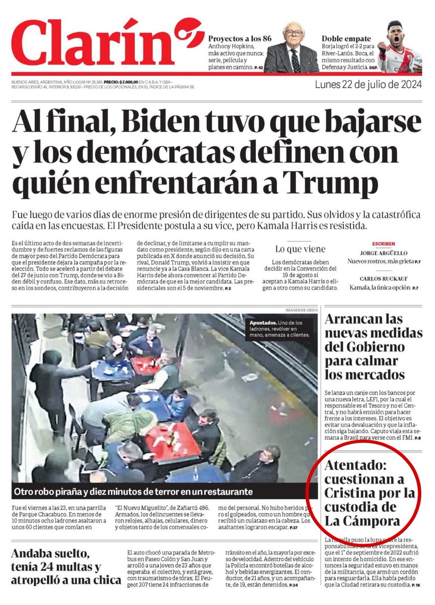 Parece que finalmente Clarín se acordó que hubo un atentado a Cristina y comunicaron algo al respecto: le echan la culpa a ella y a quienes agarraron al que disparó.

Les dejo otras preguntas para hacerse: ¿cómo se borró el celular de Sabag Montiel estando en manos de la jueza