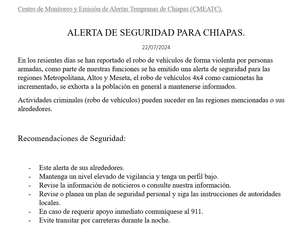 Avisos_Sat's tweet photo. Centro de Monitoreo y Emisión de Alertas Tempranas de Chiapas (CMEATC). 

ALERTA DE SEGURIDAD #CHIAPAS. https://t.co/esMNx989Qq
