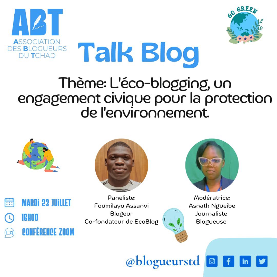 mahmoud_td's tweet photo. Nous recevons demain à partir de 16h 🕓 le Co-fondateur de Ecoblog , Foumilayo Assanvi dans le #TalkBlog pour parler 🗣️ #Ecoblogging et engagement civique pour l’environnement. #Tchad #Adjib https://t.co/pK3S9z8fSz