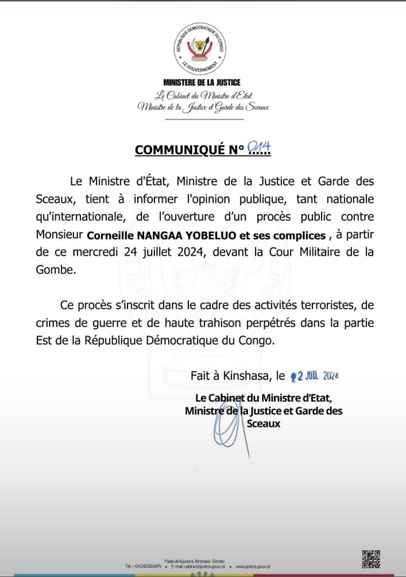 #RDC ! 🔴Urgent : le MinEtat de la justice, Me. <a href="/ConstantMutamba/">Constant Mutamba</a>, annonce l’ouverture d’un procès public contre Corneille <a href="/CNangaa/">Corneille Nangaa</a> à partir de ce mercredi 24 juillet 2024, devant la Cour Militaire de la Gombe.