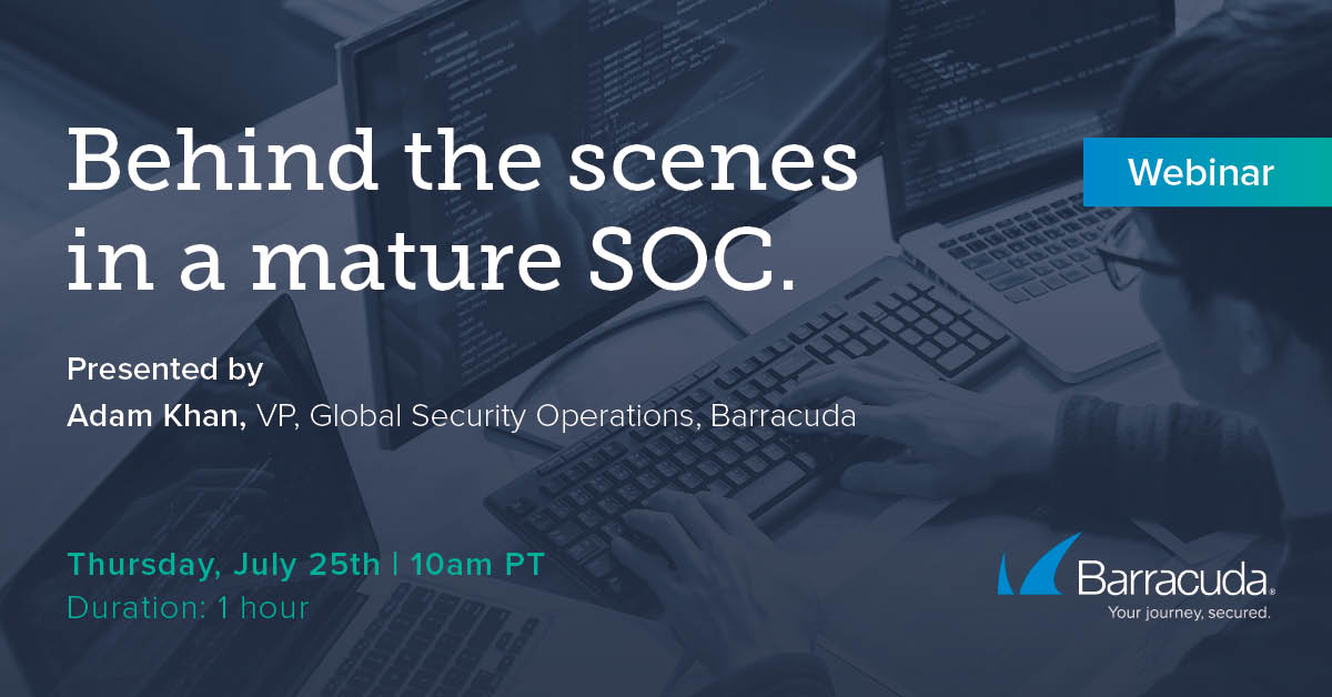 barracuda's tweet photo. Join Barracuda VP of Global Security Operations Adam Khan this Thursday to learn about the latest tactics and techniques cybercriminals are using to penetrate networks and how you can defend against today’s advanced threats. https://t.co/spXeQTdVHf #SOCwebinar 🖥️ https://t.co/30qj0enli9