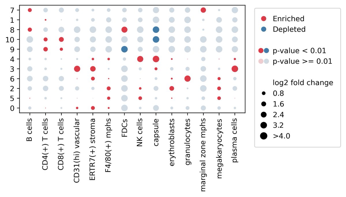 Marco Varrone (@marcovarrone) on Twitter photo We just released CellCharter v0.2.3!
The cluster enrichment plotting has been redesigned from the ground up to be more flexible, include significance, and show depleted cell types.
Here are some examples 🧵 We just released CellCharter v0.2.3!
The cluster enrichment plotting has been redesigned from the ground up to be more flexible, include significance, and show depleted cell types.
Here are some examples 🧵