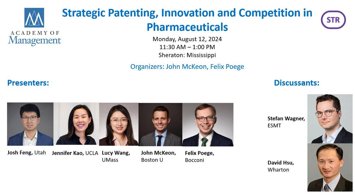 John McKeon (@johnlmckeon) on Twitter photo Join <a href="/f_poege/">Felix Poege</a> and I for our AOM paper symposium on "Strategic Patenting, Innovation and Competition in Pharmaceuticals" ft. <a href="/joshfeng89/">Josh Feng</a> <a href="/jenn_kao/">Jennifer Kao</a> <a href="/LucyXiaolu_Wang/">Lucy Xiaolu Wang</a> <a href="/wgnrstfn/">Stefan Wagner</a> & David Hsu!
8/12 @ 11:30AM; Sheraton Mississippi Join <a href="/f_poege/">Felix Poege</a> and I for our AOM paper symposium on "Strategic Patenting, Innovation and Competition in Pharmaceuticals" ft. <a href="/joshfeng89/">Josh Feng</a> <a href="/jenn_kao/">Jennifer Kao</a> <a href="/LucyXiaolu_Wang/">Lucy Xiaolu Wang</a> <a href="/wgnrstfn/">Stefan Wagner</a> & David Hsu!
8/12 @ 11:30AM; Sheraton Mississippi