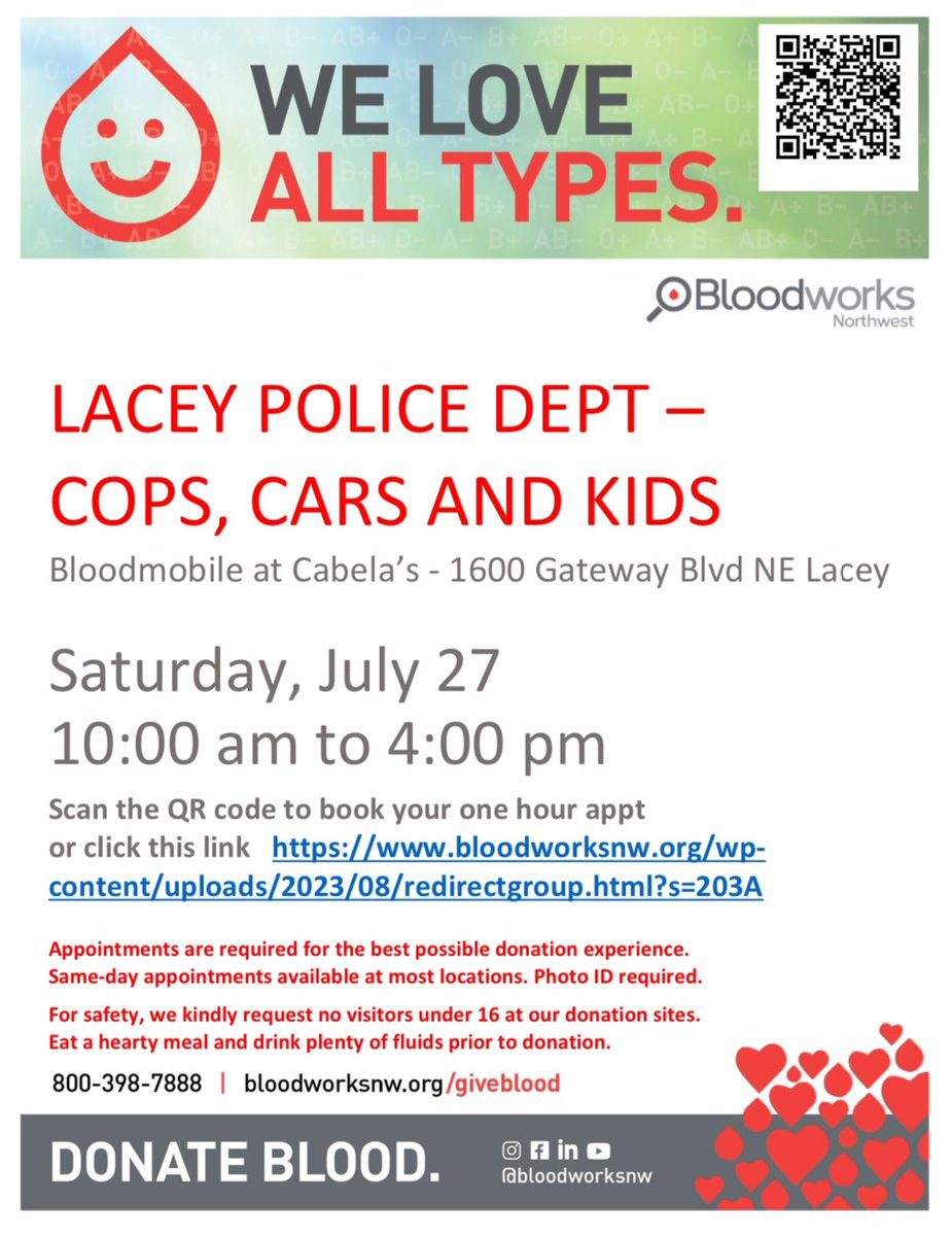 LaceyPolice's tweet photo. It’s Cops, Cars N Kids week! 🚓🎉 Not only can you come and have a blast, but you can also SAVE A LIFE by donating blood while you’re there! 🩸Bloodworks NW will be there! 🚓🤗 #CopsCarsNKids #EventWeek #DonateBlood #SaveLives #BloodworksNW #LaceyPD https://t.co/fxJCfJiT1d
