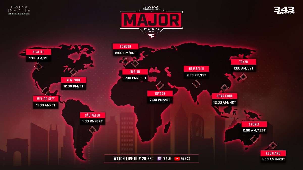 🌎 Global start times for the #HCSAtlanta24 Major, hosted by <a href="/FaZeClan/">FaZe Clan</a>!

💰 $250,000
📅 July 26-28
📺 Twitch.tv/Halo