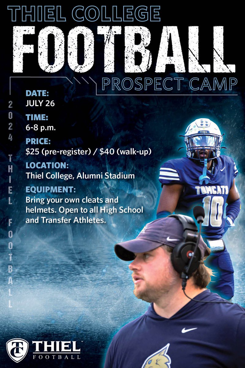 THIS FRIDAY! There is still time to sign up for our camp on Friday the 26th. Brand new turf, same great traditions! Come find out what being a Tomcat is all about and get a chance to compete! 

thiel.hometownticketing.com/embed/event/88