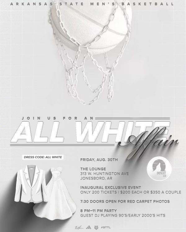 Impackt Club (@impackt_club) on Twitter photo Coming to the “All White Affair” on August 30? Leave your keys at home and prepare to party! $30 gets you a ride to and from your home. Tickets to the event are going fast! Get them while you can at the following link: eventbrite.com/e/all-white-af… <a href="/AStateMB/">Arkansas State Men’s Basketball</a> Coming to the “All White Affair” on August 30? Leave your keys at home and prepare to party! $30 gets you a ride to and from your home. Tickets to the event are going fast! Get them while you can at the following link: eventbrite.com/e/all-white-af… <a href="/AStateMB/">Arkansas State Men’s Basketball</a>
