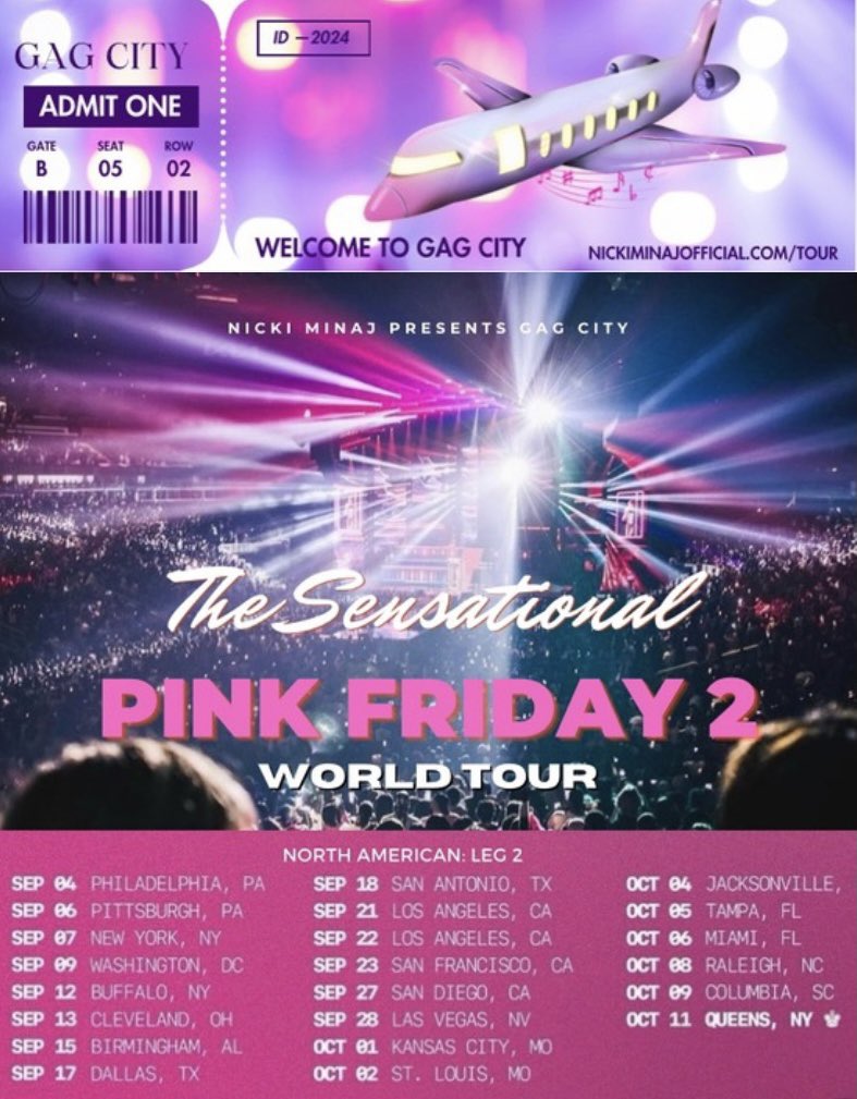 MonAmourSherri's tweet image. "🎤✨ Get ready, North America! Nicki Minaj is back with the Pink Friday 2 World Tour - don't miss out on the hottest tickets in town! Let’s keep our #SOLDOUTMINAJ trend! Get the word out, use this poster and write your own caption 🔥💖 #NickiMinaj #PinkFriday2Tour"