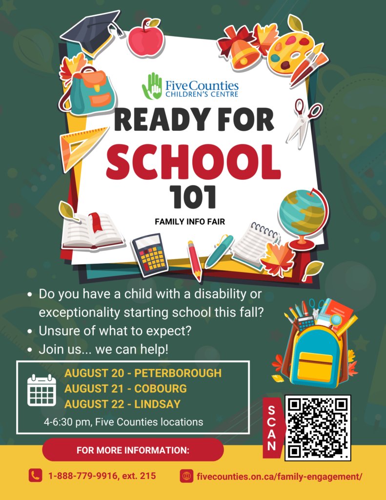 Have a child with a disability or exceptionality starting 🏫 school? Unsure what to expect? Join our Ready For School 101 event on Aug. 20, 21 or 22. Ask questions of staff, hear from other families + learn how to advocate for your child!

🍎 fivecounties.on.ca/mt-event/ready…