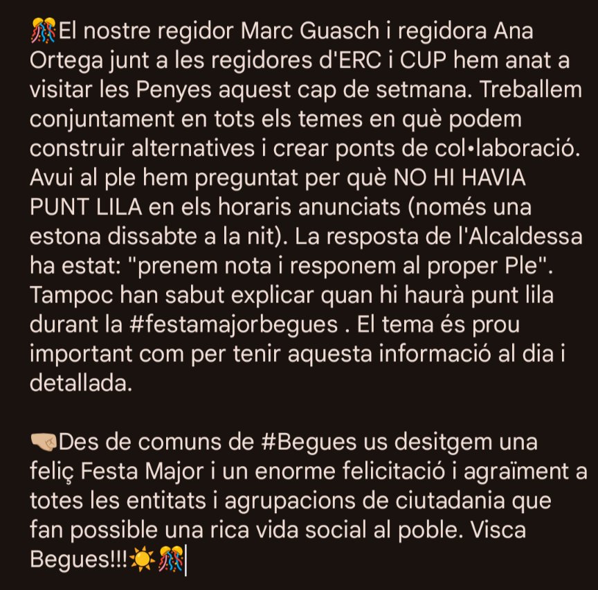 ComunsBegues's tweet photo. Visita del nostre regidor Marc Guasch i regidora Ana Ortega a les Penyes junt a les regidores d'@Esquerra_Begues i @BeguesCup aquest cap de setmana #oposició #begues QUÈ HA PASSAT AMB EL PUNT LILA? 👉🏼 veure captura amb text. Bona Festa Major a tothom!!!🎊🌞🤜🏼 https://t.co/kebV0iksyL