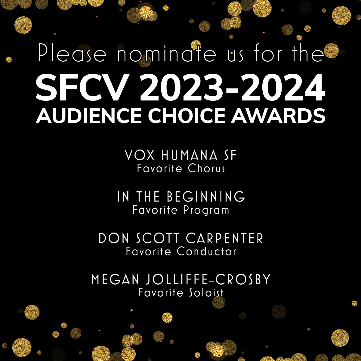 Please consider nominating Vox Humana SF and its artists for the 2023-2024 SFCV Audience Choice Awards. Help us get our mission and vision out among the Bay Area's finest. surveymonkey.com/r/C5Z6XLF