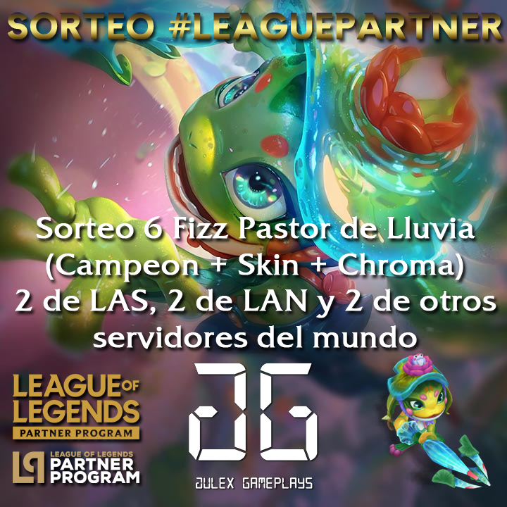 SORTEO 6 FIZZ PASTOR DE LLUVIA (+ chroma verde ex.)
-2 LAS
-2 LAN
-2 Resto del mundo

✅Seguime
❤️Like al Twit
🔁Retwittear
🌎Indica servidor (NA, Brasil, EUW, etc)
💬Comentar #LPP (1 comentario x persona)
👥Etiquetar 1 amigo

Fecha:
🗓️28 de Julio
🍀¡SUERTE!

#LeaguePartner