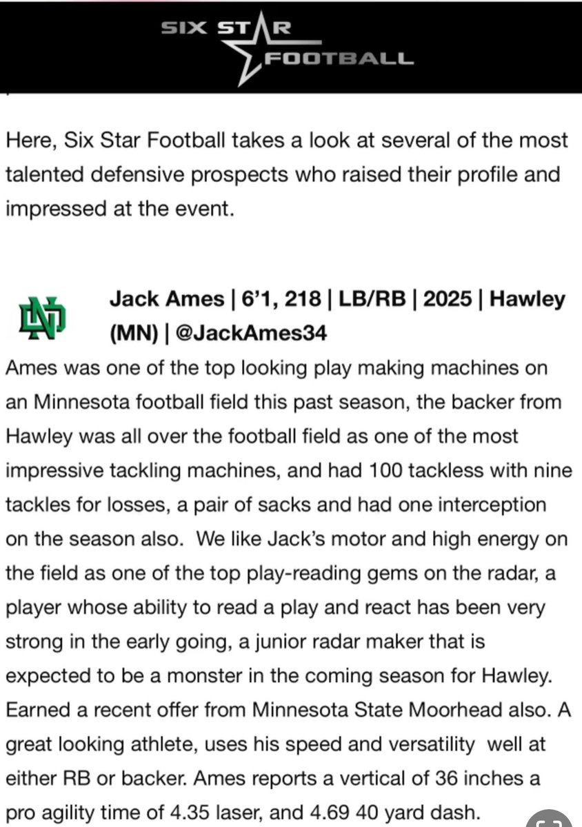 Thank you <a href="/sixstarfootball/">Six Star Football | PLUS+</a> for the write up from the UND football camp!