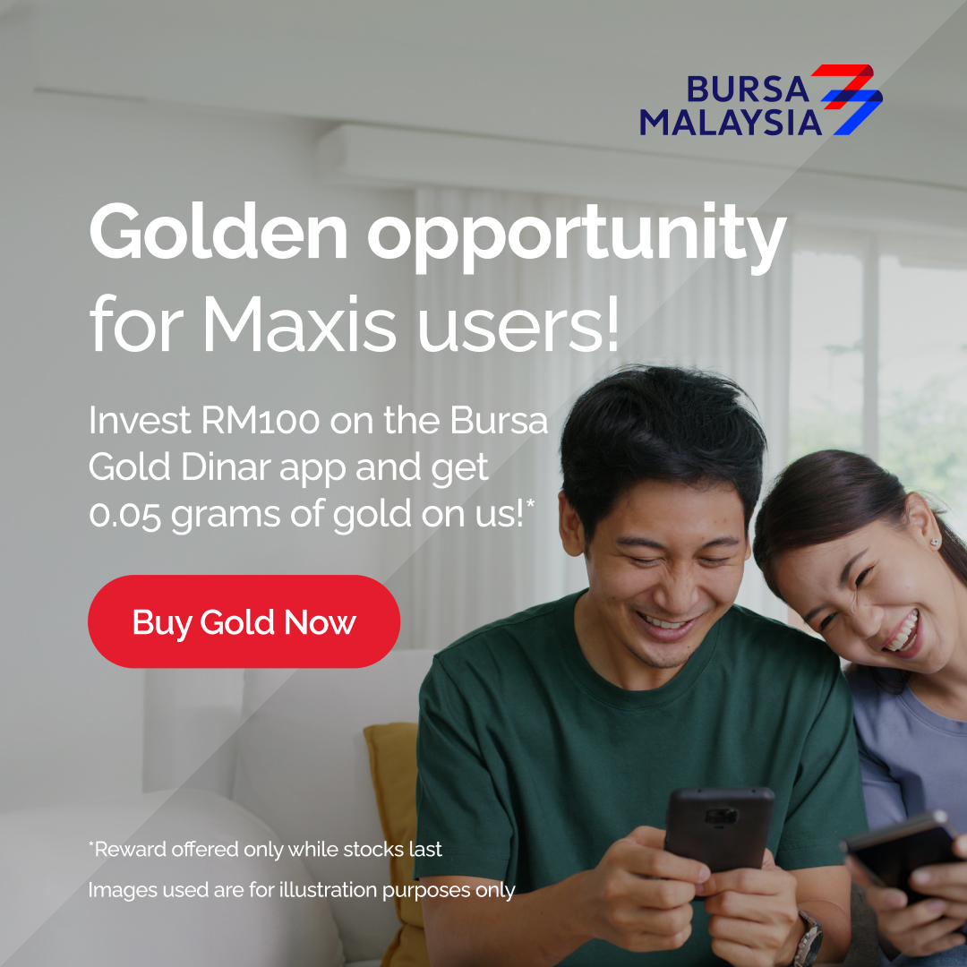 BursaMalaysia's tweet image. Golden rewards for Maxis users!

Claim 0.05g of gold when you invest RM100 and above on the Bursa Gold Dinar app. Don’t miss out!
Download and buy now:
App Store: apple.co/3HpZ9DK
Play Store: bit.ly/3S1lPPL

#BursaGoldDinar #BGD #Maxis