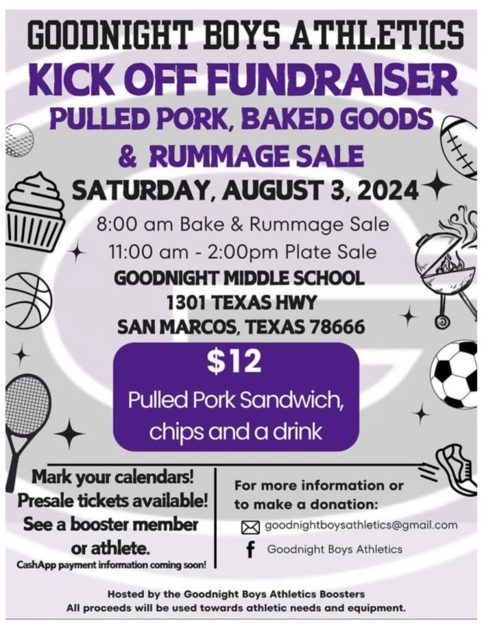 Come support the GMS Boys Athletics Boosters!!! It's going to a good cause - OUR KIDS!!!
<a href="/SanMarcosCISD/">San Marcos CISD</a> #boosters #ALLIN #strikeasone #wearegoodnight #fundraiser