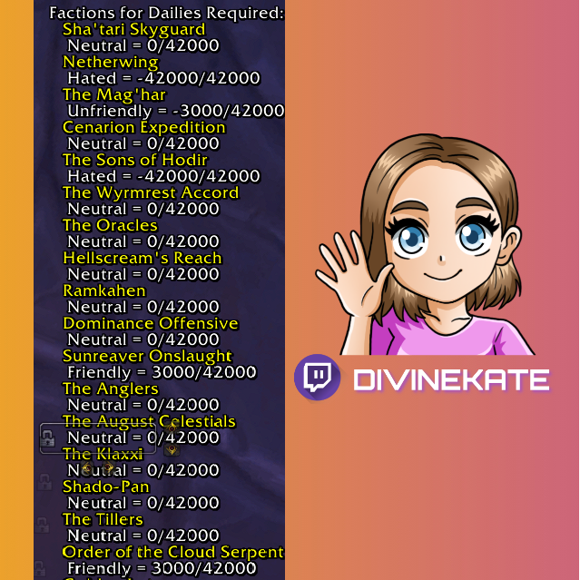 divinekate89's tweet photo. After some well deserved rest in Tural, we are back tonight with WoW and some more WeakAura testing including Reputation tracking for mounts!
Psst... sneak peak ;) catch you there (see the photo for the place to go)
#worldofwarcraft #warcraft #weakaura https://t.co/cSxVFZl0Po