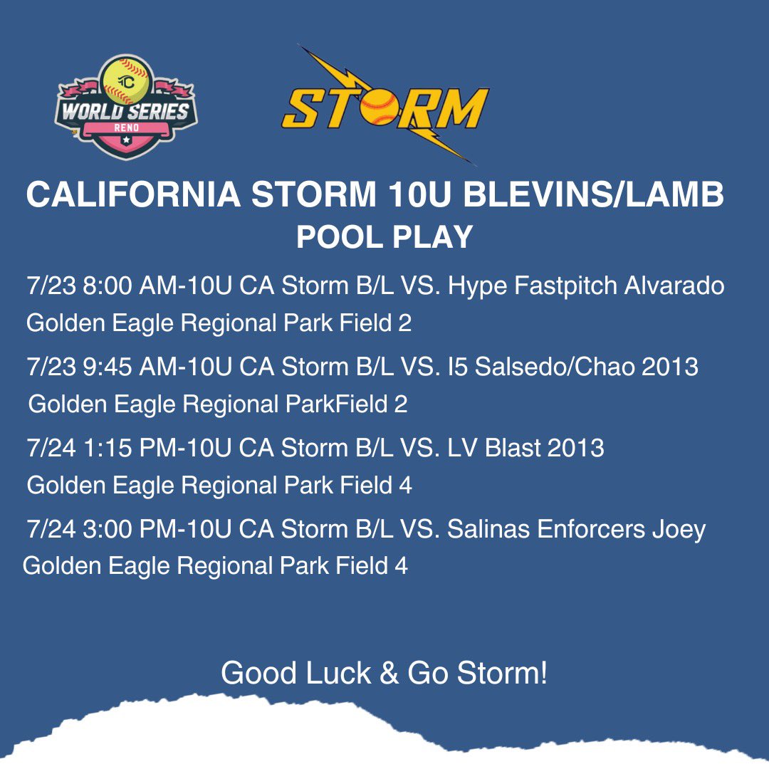 CA Storm 10U Blevins/Lamb is heading to the World Series in Reno! Games start tomorrow! Good luck to girls and coaches! Go storm!  ⚡️💙💛 #stormsoftball
