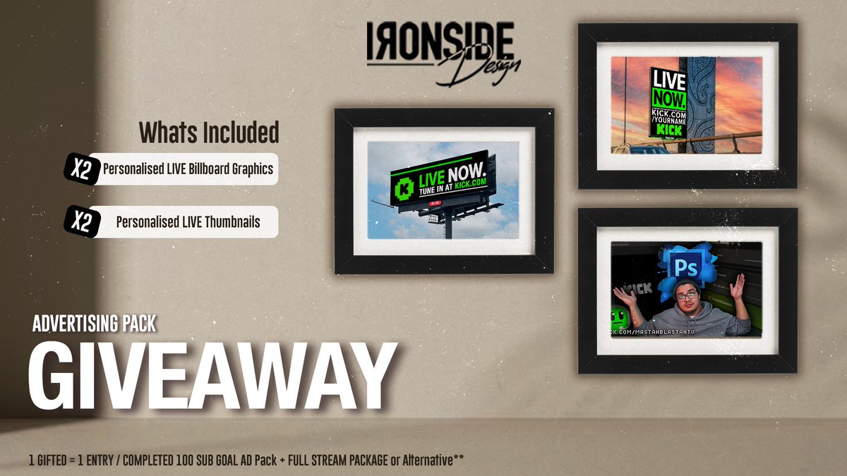ironside_design's tweet photo. GIVEAWAY ALERT! 🎉

We're giving away a pack of 2 Personalised Billboard Graphics and 2 Personalised Thumbnails to a lucky winner! 🥳But that's not all... If we hit our sub goal, we'll be adding a FULL STREAM PACKAGE to the prize pool! 🔥

To enter, simply subscribe or gift to the stream and make sure you're following the channel. The winner(s) will be announced at the end of the month! 

https://t.co/4RnKT03OVx