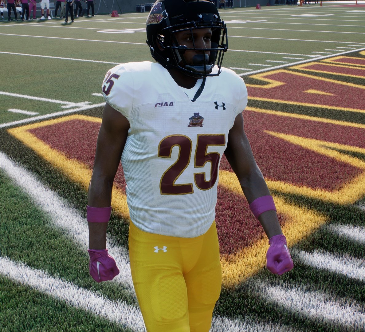 MarLu_Tha_Kang's tweet image. Shaw University Bears in College Football 25.

I wish they had the correct number font in-game so I could properly feature them. I also included an alternate home kit w/ black pants so y'all can cycle through those, white and yellow for home and away.