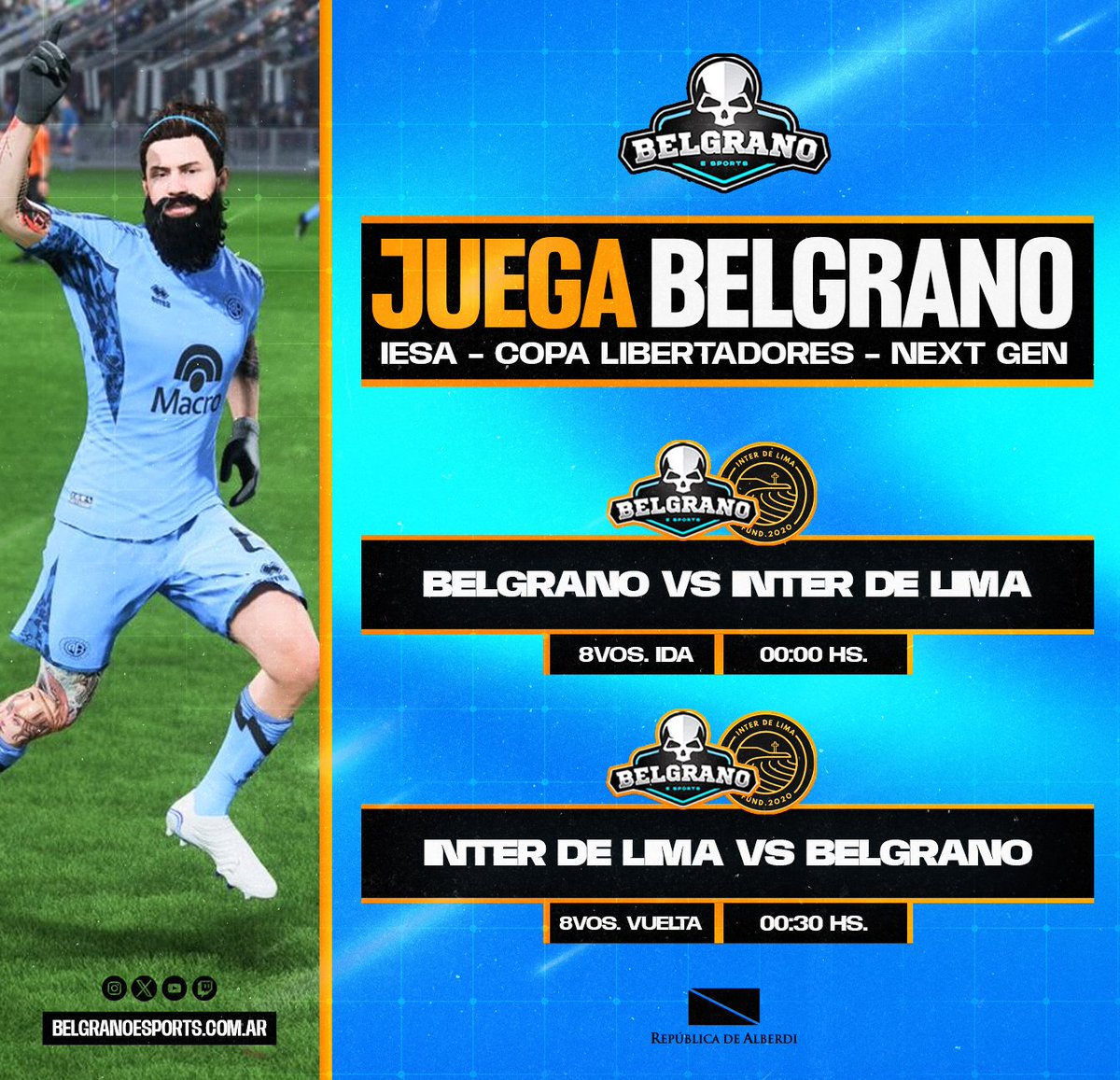 🌃🩵⚽ ¡NOCHE DE OCTAVOS DE FINAL DE COPA LIBERTADORES!

🏴‍☠️ Esta noche, nuestros #Esports #FIF, disputan los Octavos de Final de la Copa #Libertadores <a href="/IESAFIFAar/">IESA Argentina</a>.

⌚ Desde las 00:00 hs 🆚 <a href="/interdelima/">Inter de Lima</a> (Ida y vuelta)

😎 ¡ALENTA ACÁ! ▶️ twitch.tv/martincho630

#BelgranoVamos