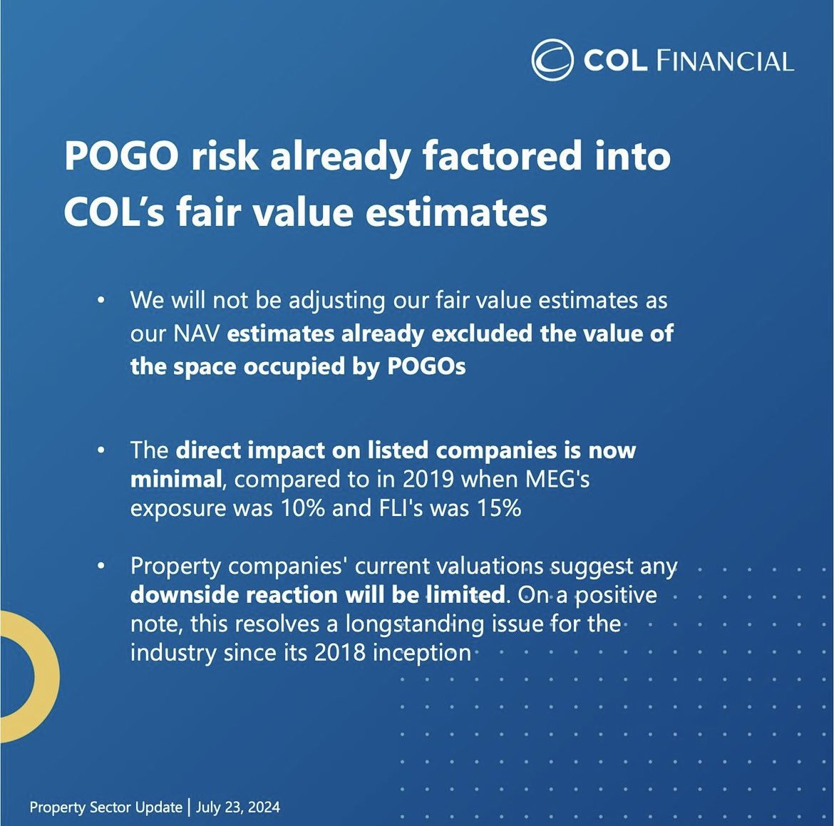 AprilLeeTan's tweet photo. POGO ban to have limited impact on property companies since their exposure is small, although industry wide office vacancy rates could increase pressuring rental rates. Nevertheless, any negative impact is already priced in given depressed valuations of prop stocks. https://t.co/p28hdkqh8G