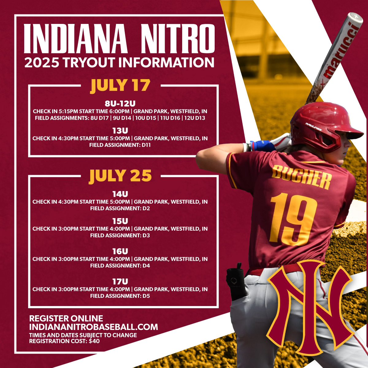 🚨Field Assignment Change🚨

Please take a look at the changes for our 14U - 17U field assignments as they have changed for tryouts this week! 

Pre-register today at link below
⬇️⬇️⬇️⬇️

indiananitrobaseball.com/2025-indiana-n…