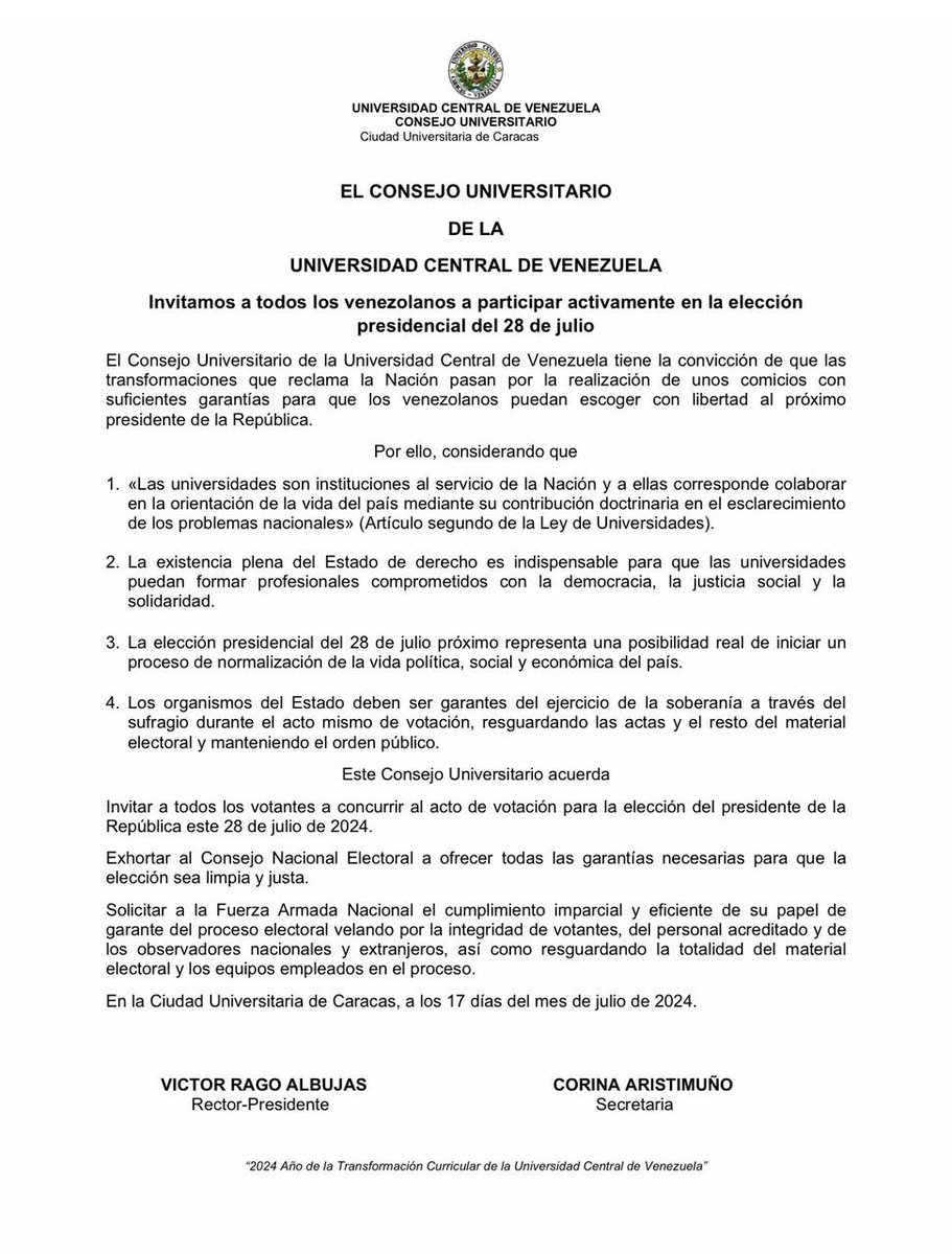 El Consejo Universitario de la Universidad Central de Venezuela invita a todos los venezolanos a participar activamente en la elección presidencial del 28 de julio.