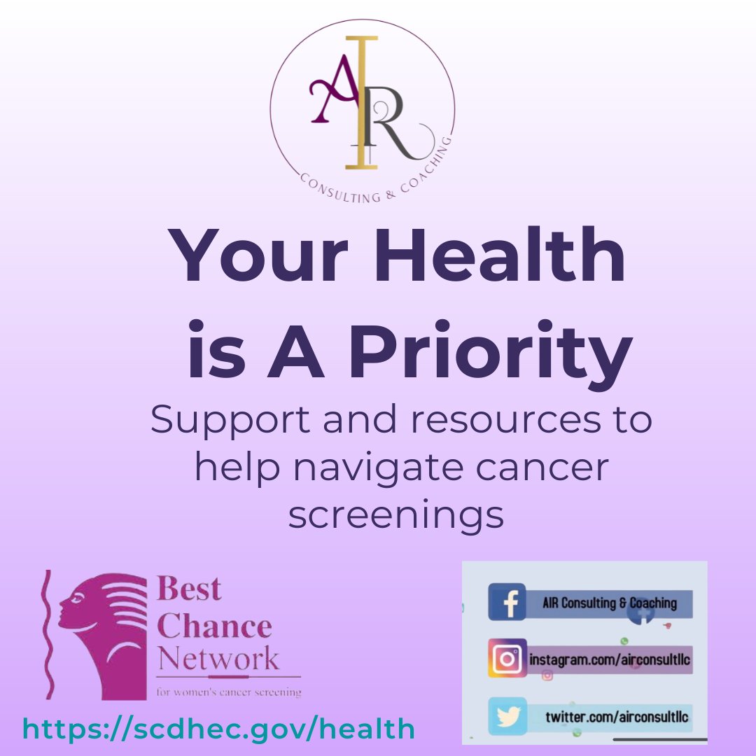 airconsultllc's tweet image. Your health is  a  priority. Talk to your doctor about cervical and breast cancer screenings today. We're here to support you.  #AIRConsulting #BestChanceNetwork #DHEC #CancerScreening