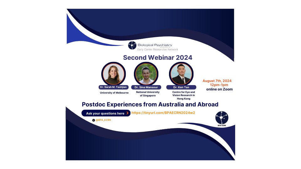 Biological Psychiatry Australia - ECRN (@bpa_ecrn) on Twitter photo 📣BPA ECRN Webinar - Postdoc Experiences from Australia and Abroad📣
Please join us for our second webinar of the year and hear from our fantastic line-up of speakers, <a href="/TashjianSM/">Sarah Tashjian</a>, <a href="/Sina_Mansour_L/">Sina Mansour L.</a> and Dr. Ken Tan.
Register and read speaker bios here 👇
events.humanitix.com/bpa-ecrn-webin… 📣BPA ECRN Webinar - Postdoc Experiences from Australia and Abroad📣
Please join us for our second webinar of the year and hear from our fantastic line-up of speakers, <a href="/TashjianSM/">Sarah Tashjian</a>, <a href="/Sina_Mansour_L/">Sina Mansour L.</a> and Dr. Ken Tan.
Register and read speaker bios here 👇
events.humanitix.com/bpa-ecrn-webin…