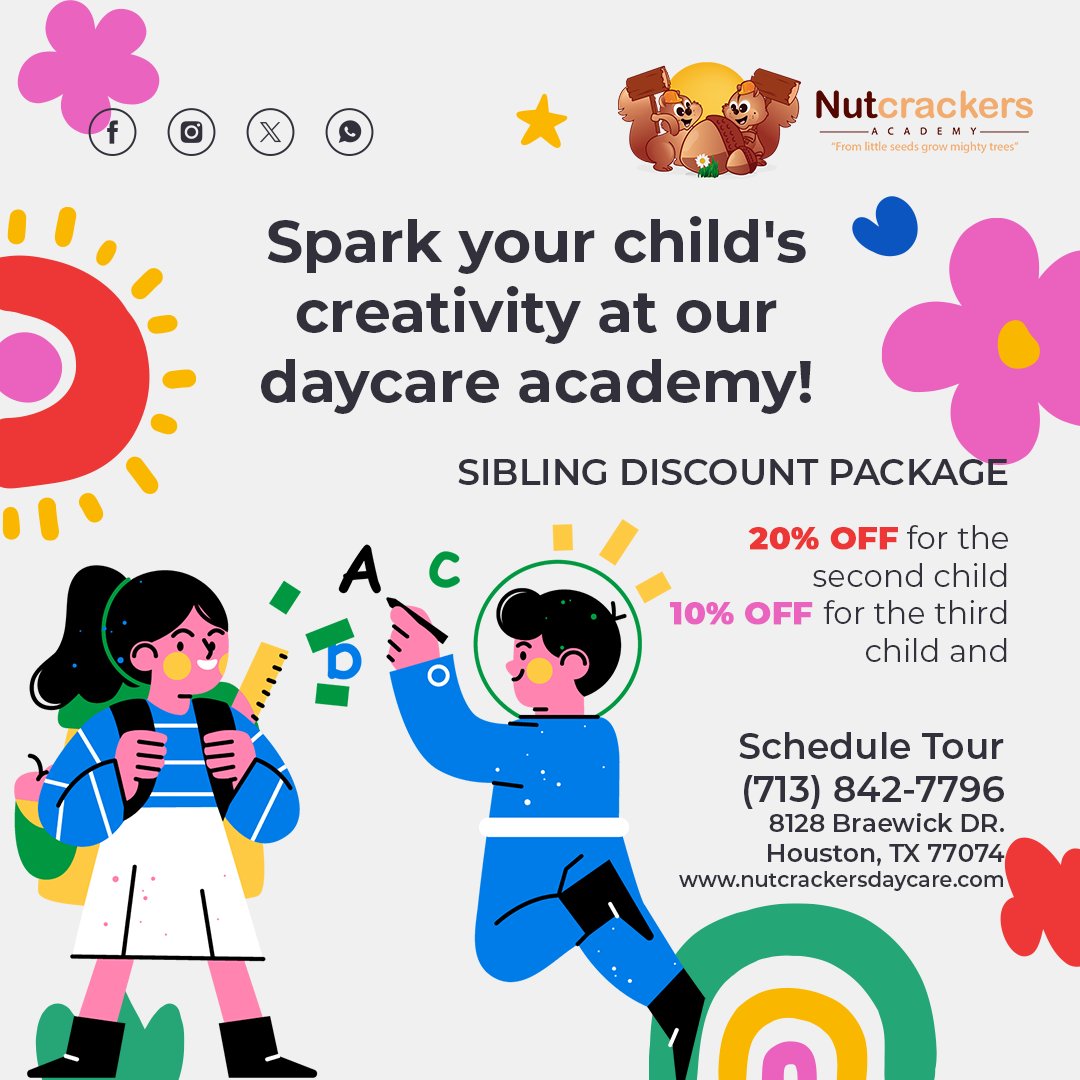 NutCrackersDayC's tweet photo. ๐จ Spark your child's creativity at our daycare academy! From arts and crafts to imaginative play, we inspire learning in every way.
Enroll now! ๐๐๏ธ
Schedule Tour ๐ (713) 842-7796
๐ 8128 Braewick DR. Houston, TX 77074
https://t.co/ss3rKqBZWc #SparkCreativity
#ArtsA ... https://t.co/EDktZiqALk