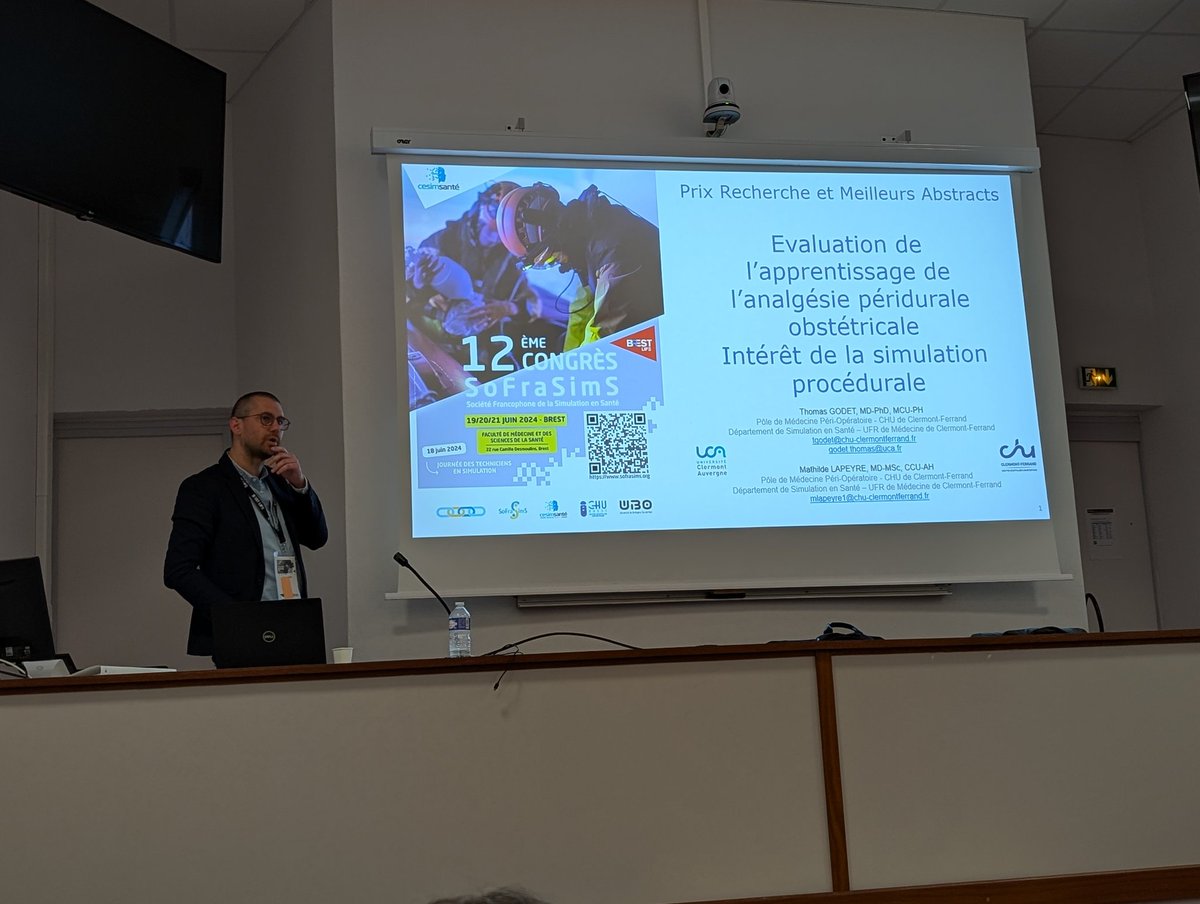 <a href="/CAUMSSI/">CAUMSSI Clermont-Ferrand</a> <a href="/UCAuvergne/">UCA</a> <a href="/auvergnerhalpes/">Auvergne-Rhône-Alpes</a> @CHUClermontFd <a href="/Sofrasims/">SOFRASIMS</a> <a href="/UBO_UnivBrest/">UBO - Univ. Brest</a> Et félicitations à <a href="/ThomasGodetMD/">Thomas Godet MD PhD</a>, finaliste pour le Prix Recherche pour son projet de formation à l'analgésie péridurale obstétricale par la simulation 💉🤰🏻