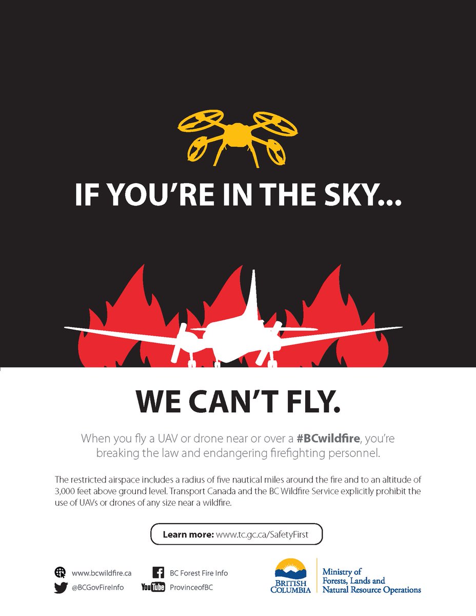 BCWildfireWkly's tweet photo. “In Spring 2016, B.C.’s Wildfire Act was amended, and anyone found interfering with wildfire control efforts (including flying drones or UAVs) can face penalties up to $100,000 and/or up to one year in jail.” https://t.co/WdcwbvyLiR - @BCGovFireInfo 

#BCWildfire #WilliamsLake https://t.co/6VzIAwmOtA