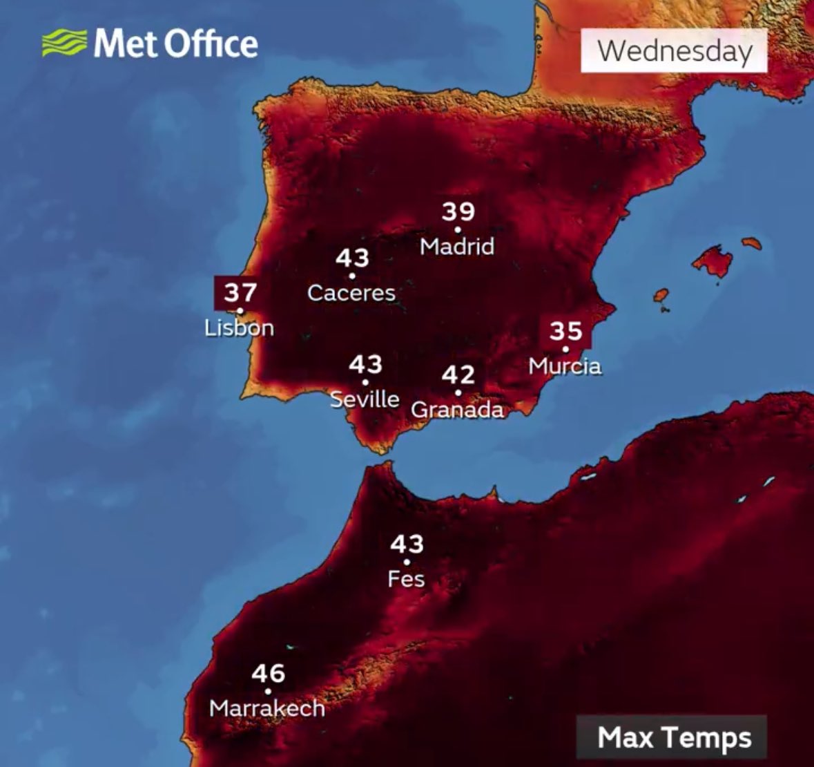 Extreme heat this week in #Spain Air temps over 40C and ground temps in some areas hitting more than 50C. A "Holiday" destination for those who want to bake  You can't sustain crops or keep bodies of water in this heat for long - both are required to sustain a society.