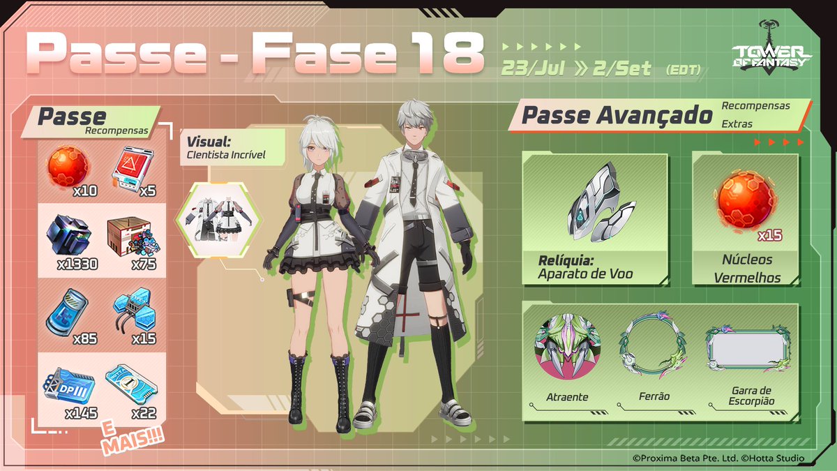 #TowerofFantasy ⚔ Passe Avançado: Fase 18

▶ Período do evento: 00:00, 23 de jul. ~ 23:59, 2 de set. (EDT)

▽ Compre e você poderá obter o visual "Cientista Incrível", a relíquia "Aparato de Voo" e mais! 🥳

Por favor, confira o aviso no jogo para mais detalhes! 📝

#ToF