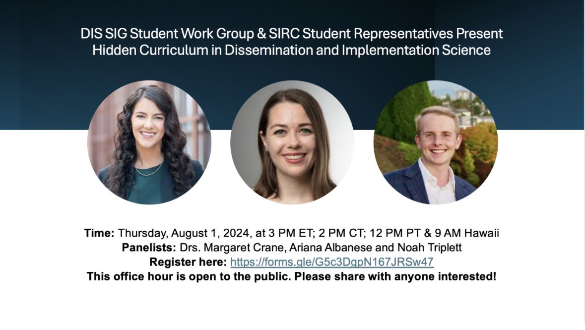 DIS SIG Student Work Group &amp; SIRC Student Representatives will talk about the “hidden curriculum” in D&amp;I Science on Thursday 8/1 at 3 pm ET/12 pm PT. Panelists include @DrMargaretCrane, Dr. <a href="/noah_triplett/">Noah Triplett, Ph.D.</a>, and Dr. <a href="/albanese_ariana/">Ariana Albanese</a>. 

Register here: forms.gle/G5c3DgpN167JRS….