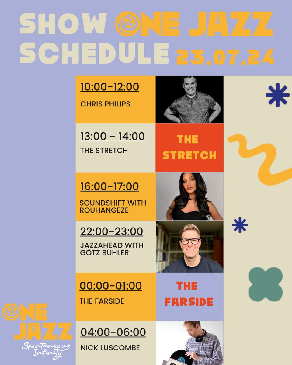 One Jazz (@weareonejazz) on Twitter photo 📅 TODAY’S SCHEDULE on One Jazz ☀️
🎷🎶 Tune in: onejazz.net/player/
🕙 10:00 - 12:00: @chrisphilips
🕛13:00-14:00: The Stretch
🕐 16:00 - 17:00: <a href="/RouhangezeB/">RŪḤ</a>
🕛22:00 - 23:00 - <a href="/jazzahead/">jazzahead!</a> with Götz Büchler
🕛 00:00 - 01:00: The Farside
🕛04:00-06:00: <a href="/nickluscombe/">Nick Luscombe</a> 📅 TODAY’S SCHEDULE on One Jazz ☀️
🎷🎶 Tune in: onejazz.net/player/
🕙 10:00 - 12:00: @chrisphilips
🕛13:00-14:00: The Stretch
🕐 16:00 - 17:00: <a href="/RouhangezeB/">RŪḤ</a>
🕛22:00 - 23:00 - <a href="/jazzahead/">jazzahead!</a> with Götz Büchler
🕛 00:00 - 01:00: The Farside
🕛04:00-06:00: <a href="/nickluscombe/">Nick Luscombe</a>