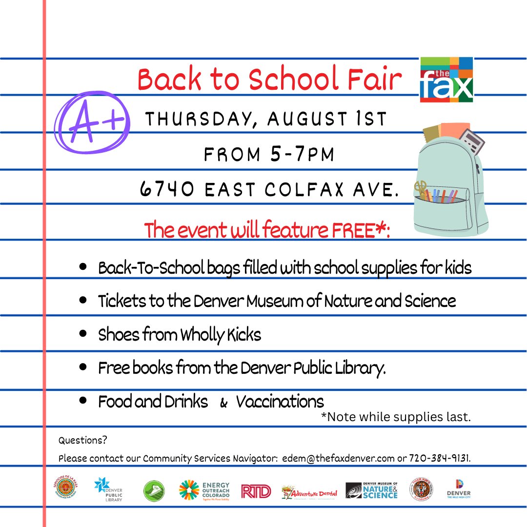 PartnershipFax's tweet photo. School is right around the corner, so what better way to prepare to send your kids off than a BACK TO SCHOOL FAIR! The Fax will be hosting our annual Back to School fair with Free Backpacks, Museum tickets, Children's shoes, books, vaccinations, and FOOD! Come join us! https://t.co/3OTwk1zTGF