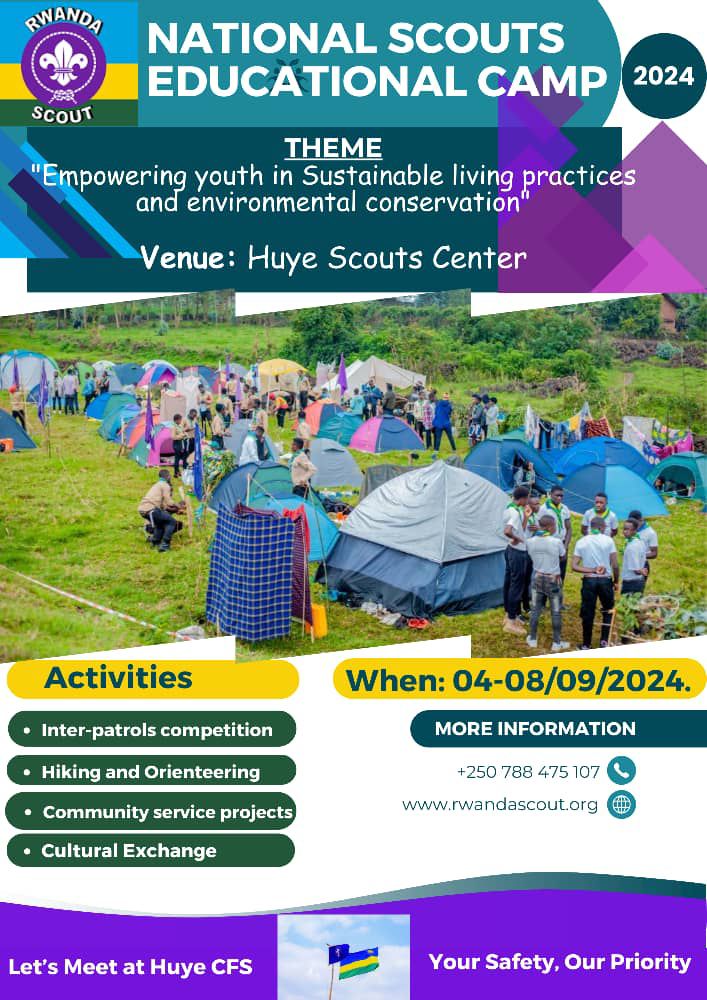 anastaserwanda's tweet photo. 🎉 Ready for the best camp ever? See you at the National Scout Educational Camp at CFS HUYE 4th to 8th September @HuyeDistrict #ScoutingRwanda #NationalScoutCamp
@Bwizaofficial @DjMarnaud @RwandaScouts https://t.co/a46fV8ok4K