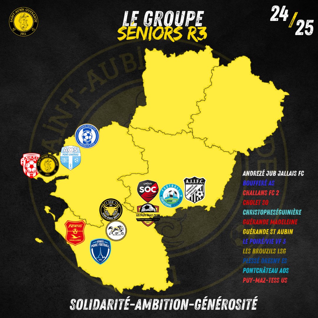 SAGofficiel's tweet photo. 𝗦𝗘𝗡𝗜𝗢𝗥𝗦 𝗥𝟯

💪🏼Notre équipe fanion se prépare à affronter ce groupe de Régional 3 (groupe G) 

➡️Voici les équipes que nous rencontrerons cette saison :

#sag #football #SaintAubinGuerande #R3 https://t.co/LEtbpGhe6f