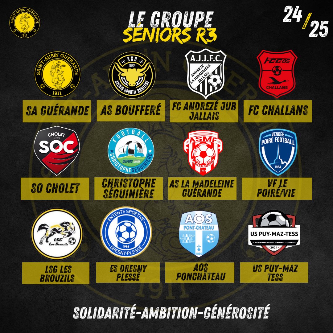 𝗦𝗘𝗡𝗜𝗢𝗥𝗦 𝗥𝟯

💪🏼Notre équipe fanion se prépare à affronter ce groupe de Régional 3 (groupe G) 

➡️Voici les équipes que nous rencontrerons cette saison :

#sag #football #SaintAubinGuerande #R3