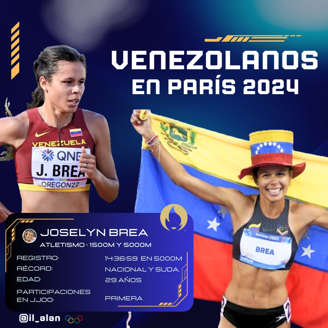 Iniciamos el maravilloso mundo del Atletismo con la mujer de la sonrisa eterna. 

Joselyn Brea 🇻🇪 estará en sus primeros JJOO. 

Tras conquistar par de doradas en Santiago 2023, además de registrar récord sudamericano, disputará par de pruebas.

1500 y 5000 metros 🔥