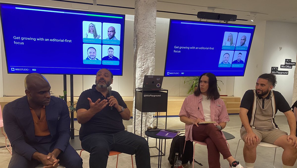MichaelLewittes's tweet image. SEO leaders @CECabrera_, @JShehata, @RayMartinezSEO and Katie Morton (no X handle) discussing with @geochingu the importance of an audience-first mentality at the @WixStudio and @sejournal event in New York.