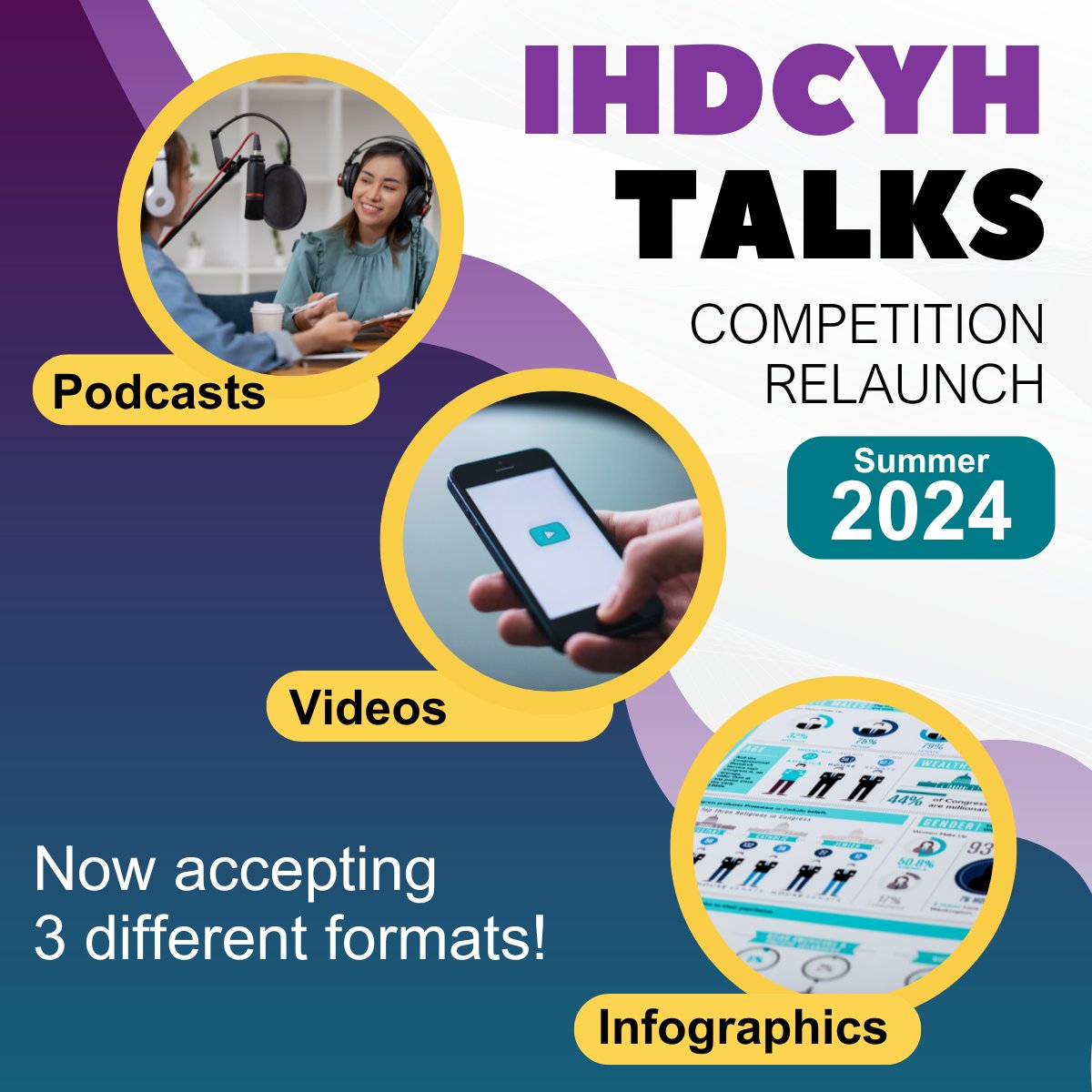 #IHDCYHTalks is celebrating its 10th anniversary this year!
Three formats are now accepted for the 2024 competition: infographics, podcasts and videos.
Register for the 2024 competition by September 23: cihr-irsc.gc.ca/e/36089.html