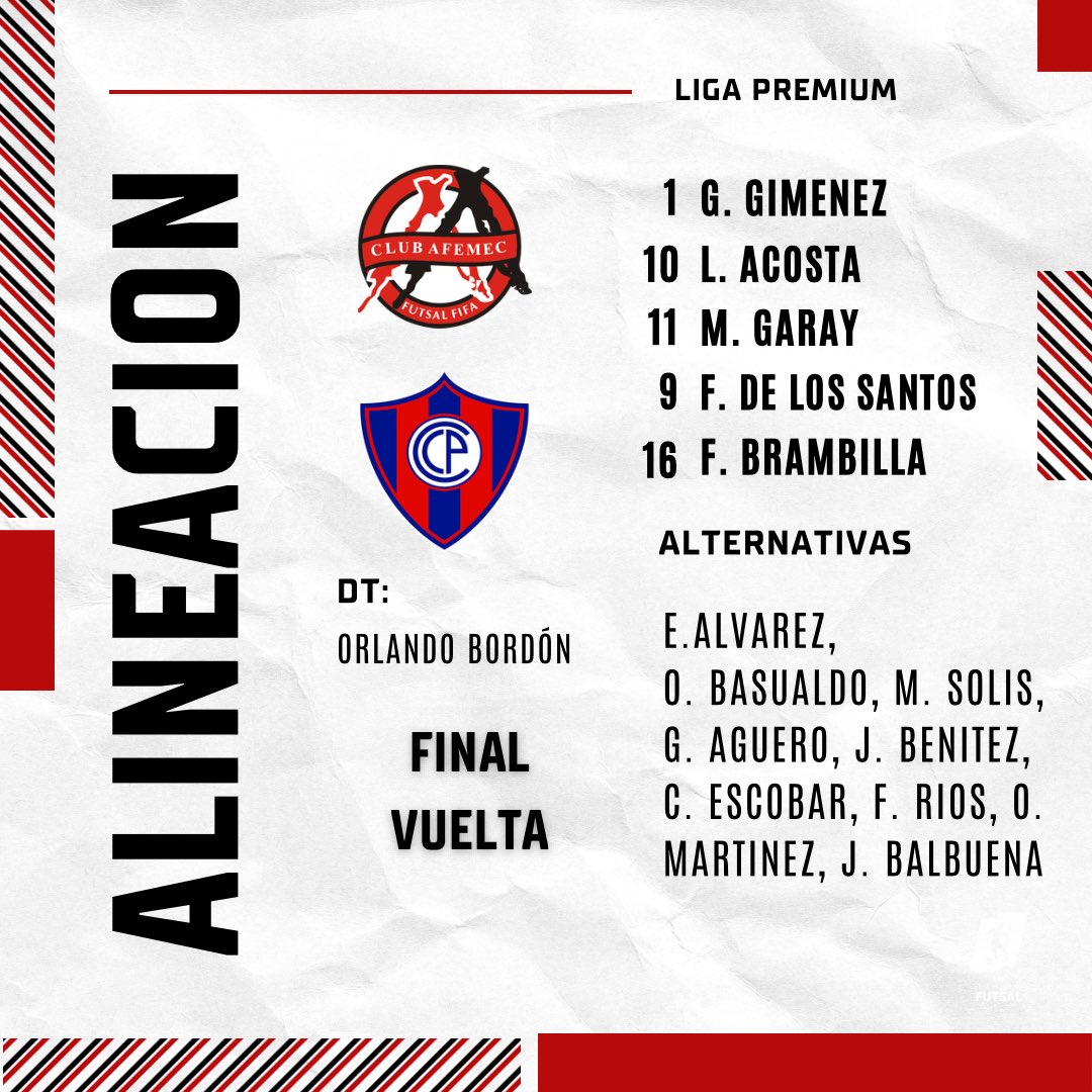 AfemecFutsal_'s tweet photo. #AFEMECLive | FINAL (vuelta)
Equipo confirmado.
➖ #AFEMEC 🆚 Cerro Porteño.
¡Vamos, nosotros!
#AFEMECesFutsal 🔴⚪️ https://t.co/6DR5omaxPy