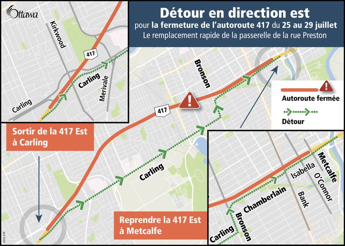 Carte illustrant la déviation de la circulation en direction est lors de la fermeture à venir de l’autoroute 417. 