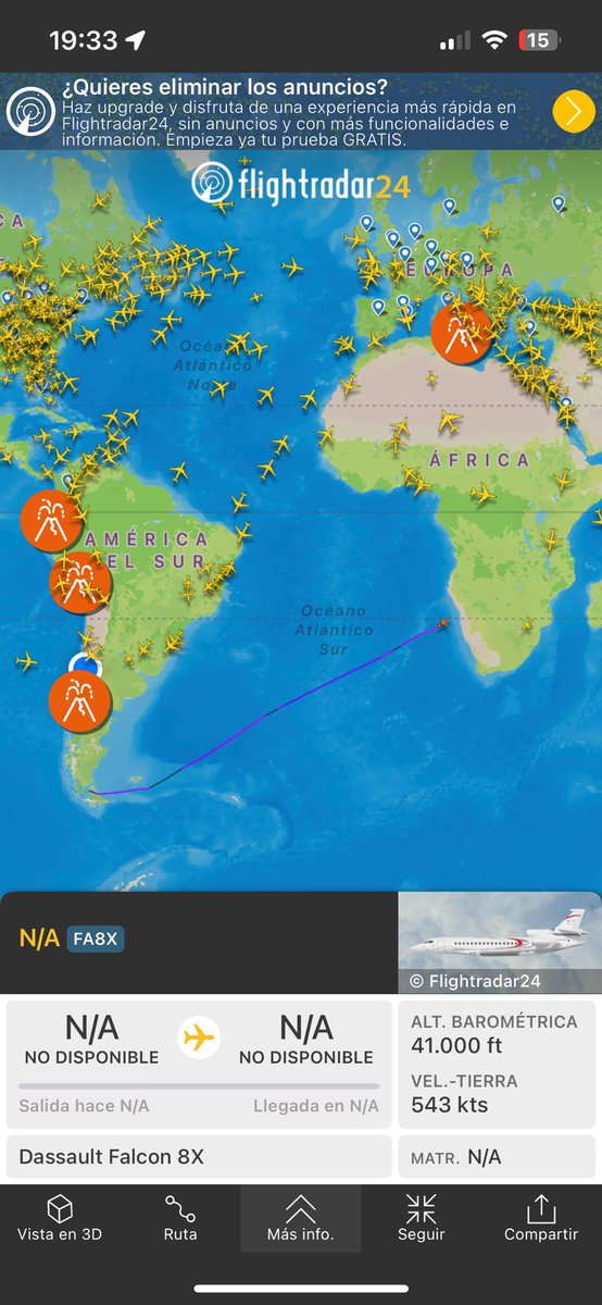 diego_jimenezo's tweet photo. @vicho_zs Hola Vicente, sabes algo de ese vuelo?, raro el recorrido, salió de PUQ y va llegando a África https://t.co/QC0olAWnwT