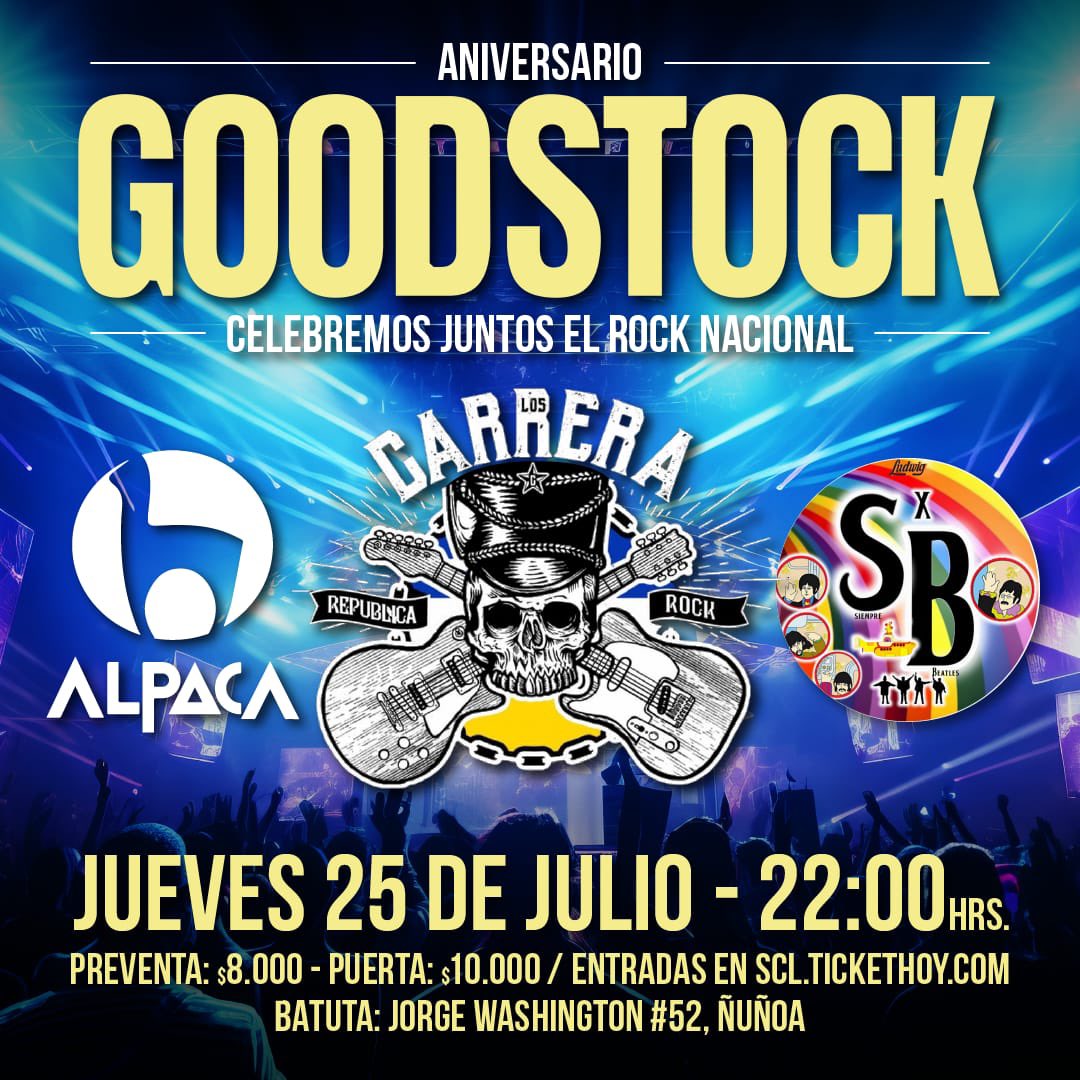 Goodstock, la casa del rock, está de aniversario y festejará sus 4 años con el evento del afiche. Las entradas están disponibles en scl.tickethoy.com/entradas-music…

<a href="/GoodStockRadio/">GOODSTOCK RADIO</a> 
<a href="/LosCarreraBanda/">Los Carrera</a>