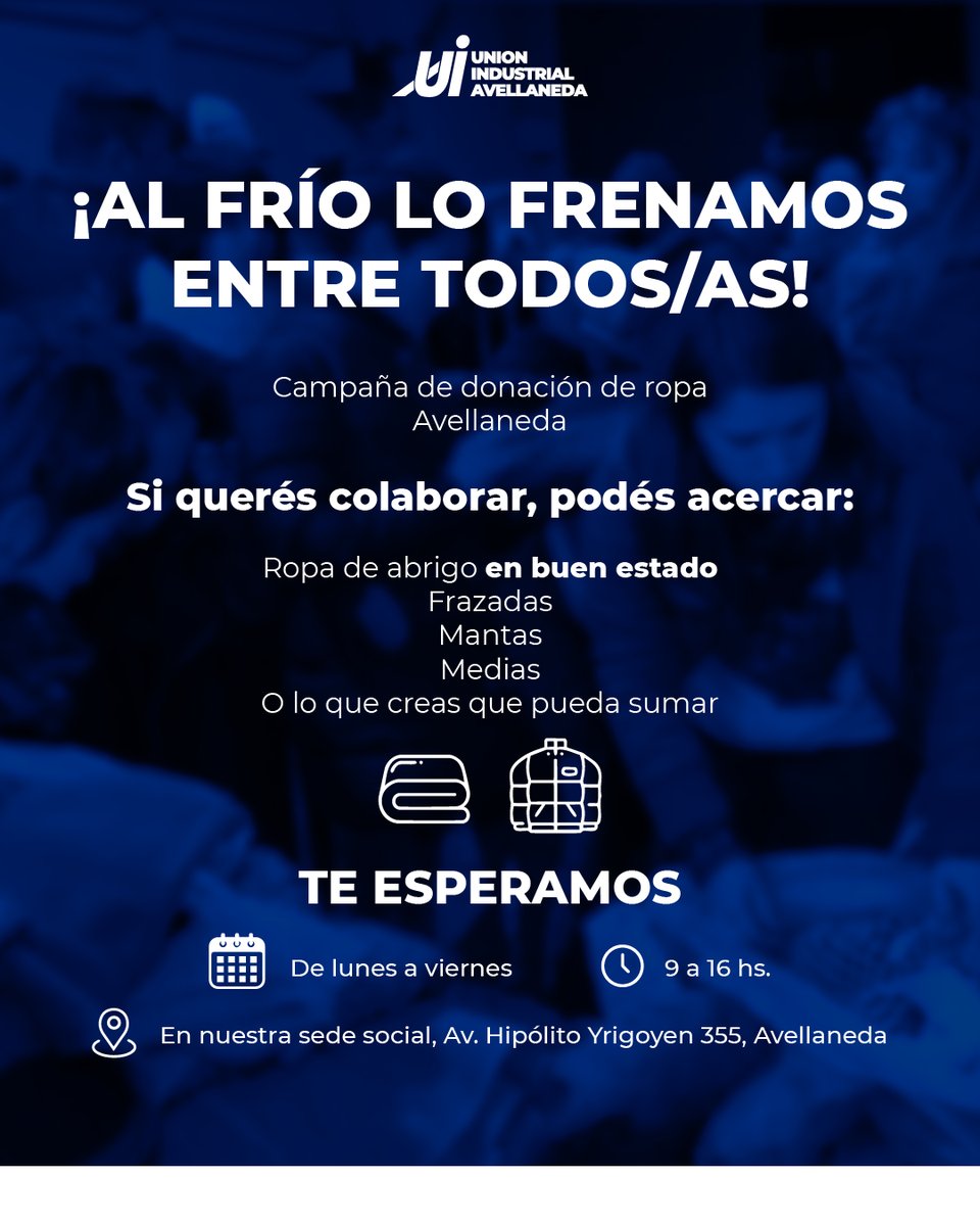 Uiavellaneda's tweet image. 💪 ¡AL FRÍO LO FRENAMOS ENTRE TODOS/AS!

🥰 Si querés sumarte a colaborar con quienes más lo necesitan, no esperes más y acercate con tu donación a nuestra sede social.

Te esperamos.

#frío #campaña #comedores #ropa #donaciones #avellaneda #abrigo